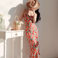 French sexy backless waist slim rose print retro suspender long dress holiday dress R2803