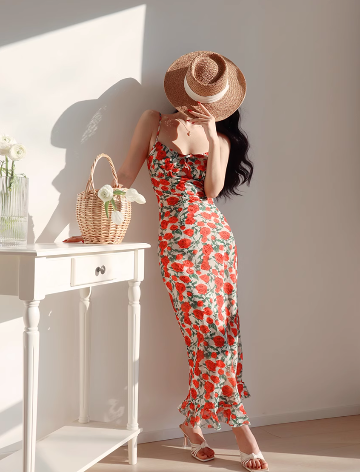 French sexy backless waist slim rose print retro suspender long dress holiday dress R2803