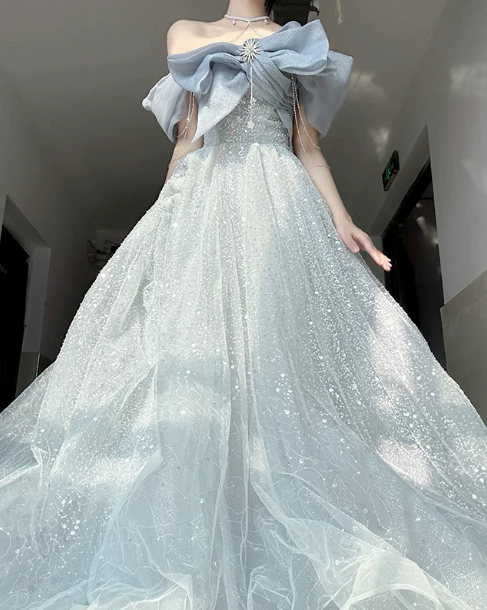 Elegant Pale Blue Glitter A-Line Bateau Corset Maxi Evening Dress RS572