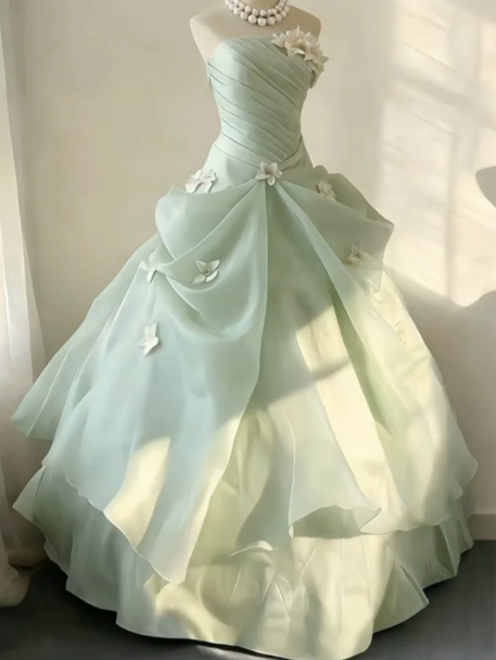 French Chic Soft Green Ball Gown Strapless Applique Corset Maxi Evening Dress Prom Dress RS590