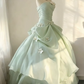 French Chic Soft Green Ball Gown Strapless Applique Corset Maxi Evening Dress Prom Dress RS590