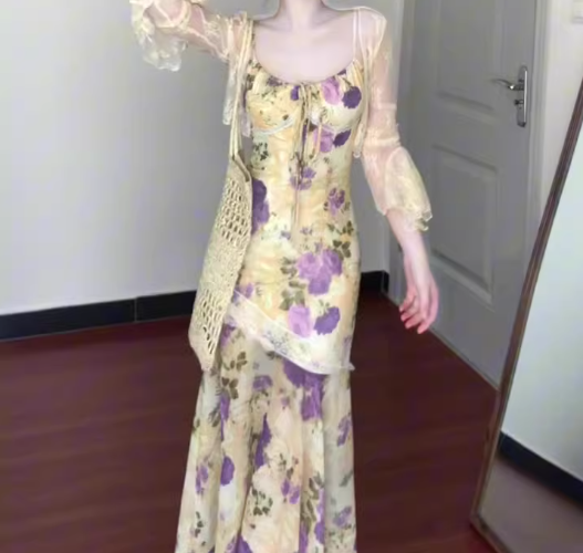 Suspender floral dress beautiful small skirt gentle temperament waist fishtail skirt R0664