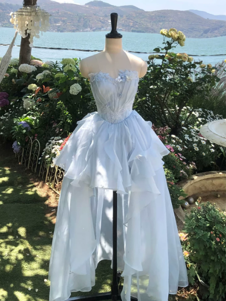 Fresh Pale Blue A-Line Strapless Hi-Lo Corset Maxi Birthday Dress Prom Dress RS592