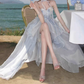 Fresh Pale Blue A-Line Strapless Hi-Lo Corset Maxi Birthday Dress Prom Dress RS592