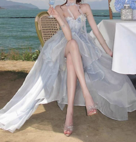 Fresh Pale Blue A-Line Strapless Hi-Lo Corset Maxi Birthday Dress Prom Dress RS592