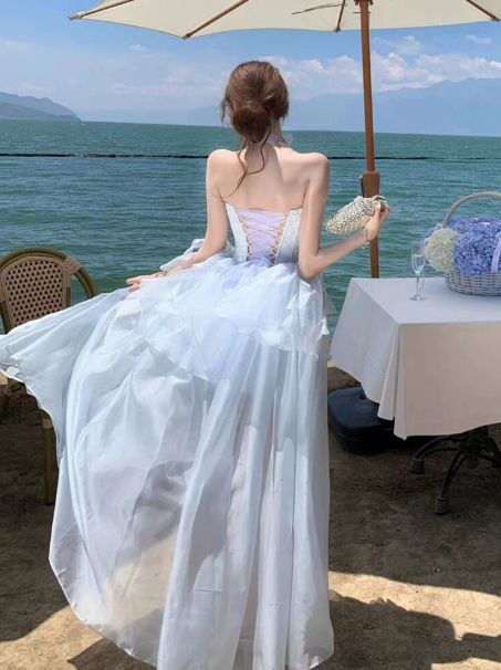 Fresh Pale Blue A-Line Strapless Hi-Lo Corset Maxi Birthday Dress Prom Dress RS592