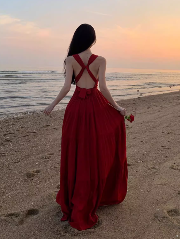 Backless V-neck swing dress new style slim seaside holiday beach dress atmosphere R1608
