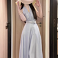 Holiday style blue v-neck halter dress unique and beautiful waist temperament long dress 2025 new R0454