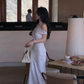 Elegant Bodycon Satin Long Dress Women Off Shoulder Solid French Mermaid Wedding Evening Party Gown     S5395