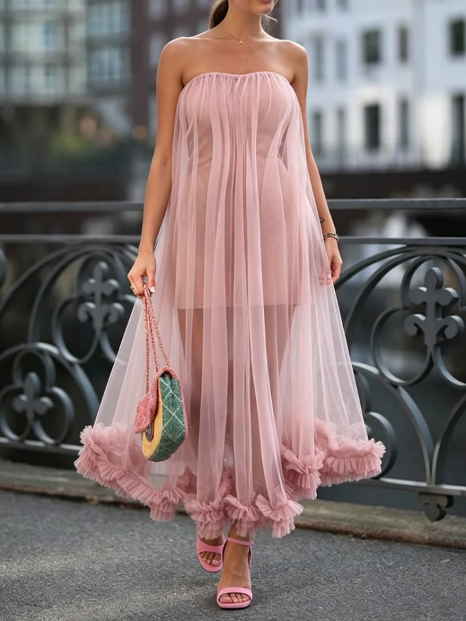 Cute Blush Pink Ruffled Strapless Tulle Corset Maxi Birthday Dress Prom Dress RS593