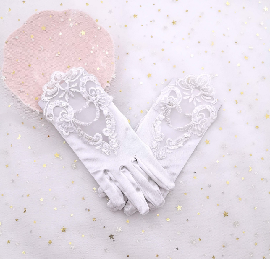Lace Beaded Satin Stretch Children Wedding Dress Flower Girl Dress Gloves Performance Dance     S6247