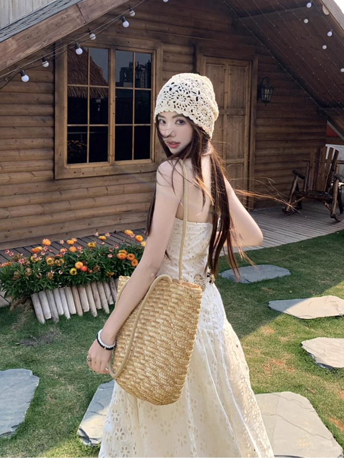 Gentle white moonlight dress hollow embroidery unique waist skirt wear tube top skirt R1704