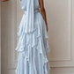 Elegant Pale Blue Ruffled A-Line Halter Chiffon Maxi Summer Dress Prom Dress RS596