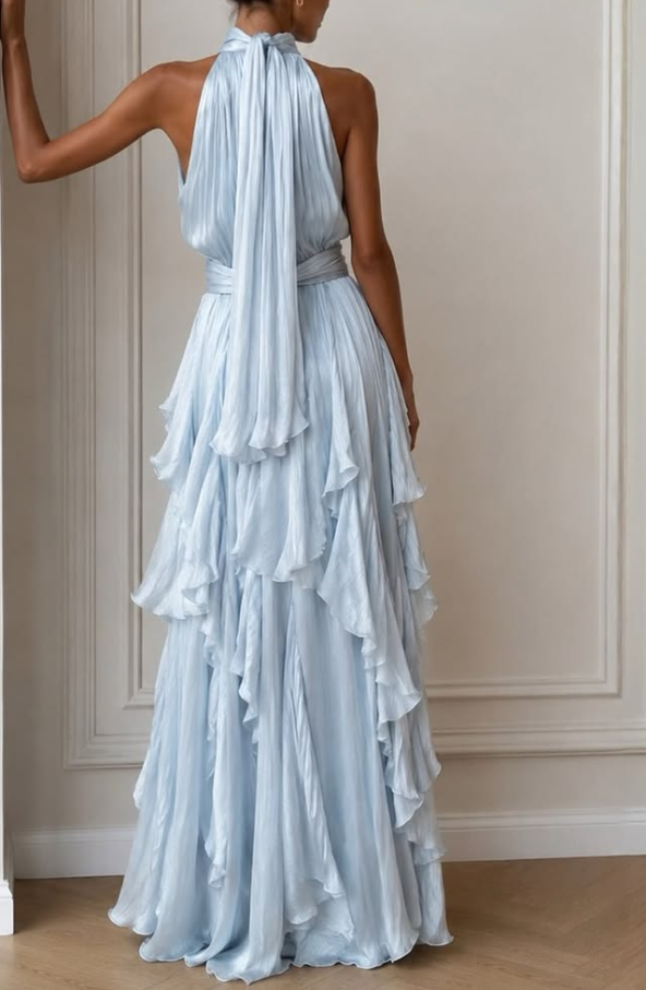 Elegant Pale Blue Ruffled A-Line Halter Chiffon Maxi Summer Dress Prom Dress RS596