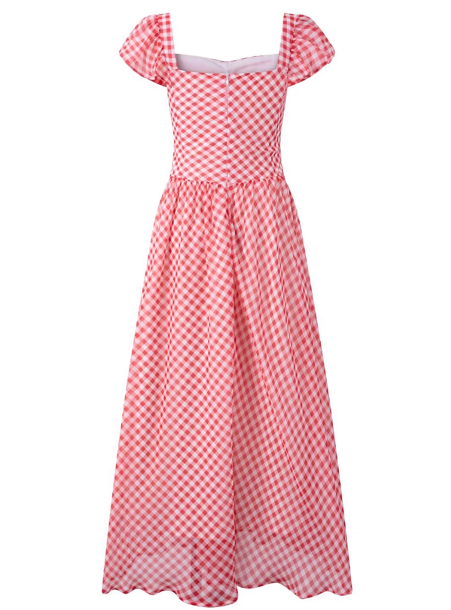 2025 Summer New Red Plaid Square Neck French Short Sleeve High Waist Long Dress R0943