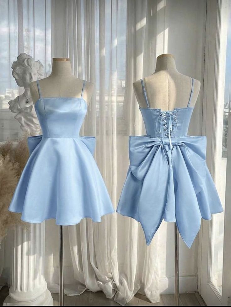 Elegant Pale Blue A-Line Spaghetti Straps Large Bow Back Accessory Bodycon Mini Dress Homecoming Dress RS193