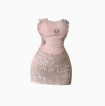 Pure desire style three-dimensional flower tube top 2025 plus size hot girl sequin hip skirt suit R1161