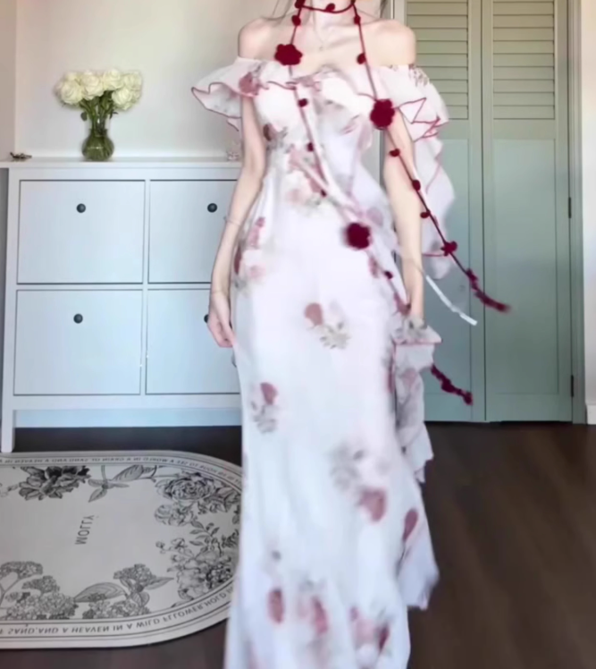 Retro floral one-shoulder dress with gentle temperament and slim waist and hip skirt R0645