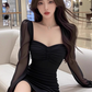 French mesh splicing square neck dress for women pure desire style slim hip short skirt R3386