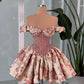 Retro champagne pink floral one-shoulder waist slim short skirt homecoming dress R3505