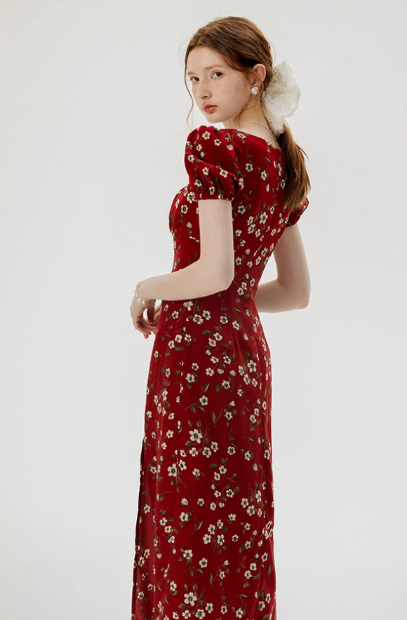 French floral dress red dress summer petite red dress long skirt female high-end wear R3492