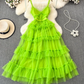 V-neck backless suspender dress waist a-line irregular mesh cake dress holiday long dress R0344