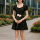 Black checkered puff sleeves slim waist A-line mini skirt homecoming dress R3777