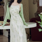 French style cool print suspender skirt gentle style waist slim green floral dress R2396