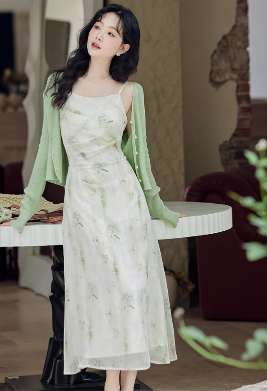 French style cool print suspender skirt gentle style waist slim green floral dress R2396