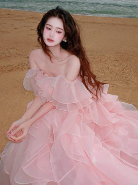 Dreamy Tulle Tiered Prom Gown Pink Women's Maxi Evening Dress Birthday Dress RS2786