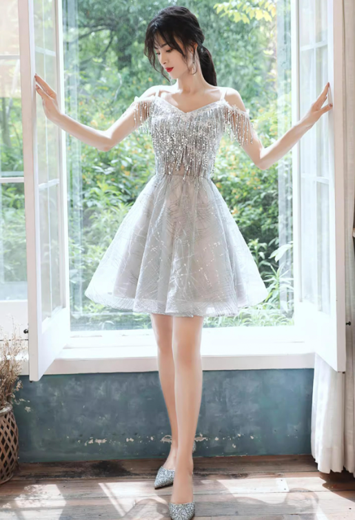 Elegant Sliver A-Line Spaghetti Straps Tassel Corset Mini Prom Dress Homecoming Dress RS442