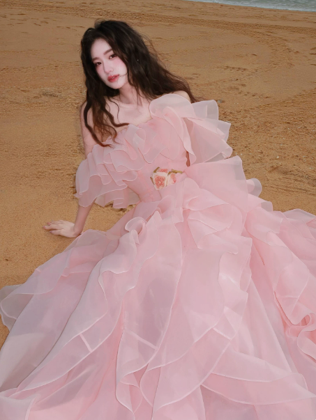 Dreamy Tulle Tiered Prom Gown Pink Women's Maxi Evening Dress Birthday Dress RS2786
