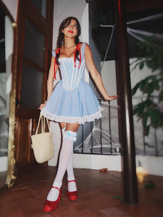 Clean Striped Lace Trim Women's Homecoming Dress Pale Blue Corset Short Prom Gown Party Dress RS2971