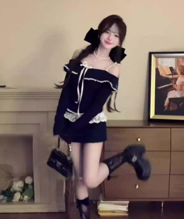 Pure desire design one shoulder short top 2025 lace patchwork skirt suit R1372