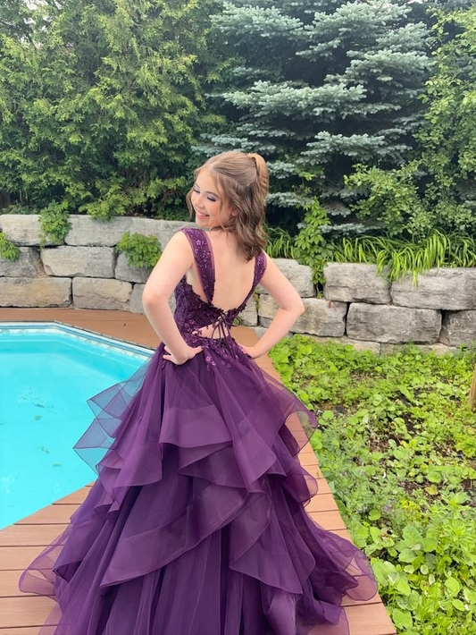 Puffy Embroidered Women's Prom Gown Deep Purple Waist Fitted Maxi Evening Dress Birthday Dress — Fall Outfit 2026 New  RS3440