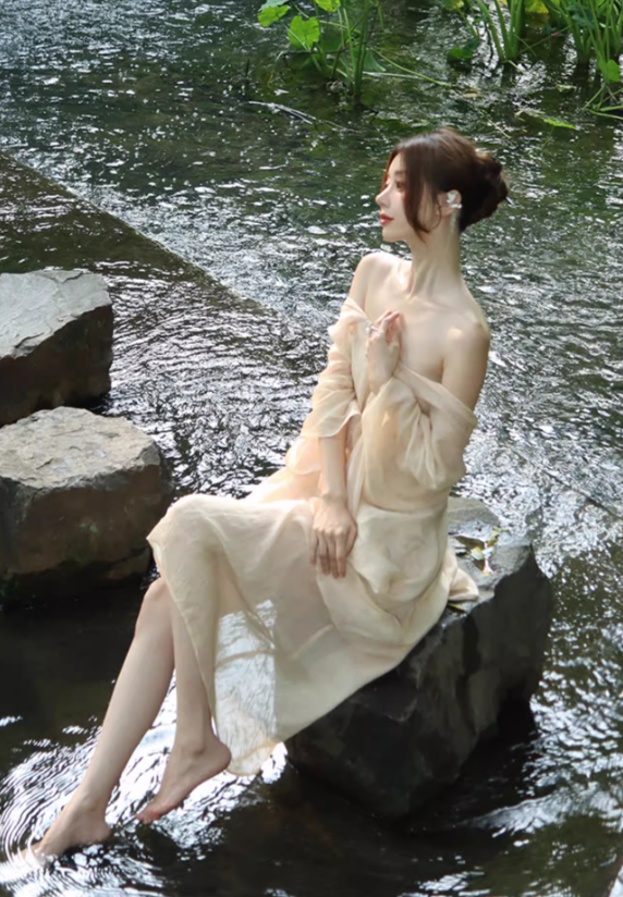 New Chinese style ancient town travel outfit ramie backless dress design photo skirt R1629