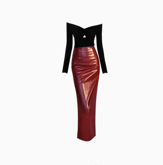 Royal sister style one shoulder hollow bottoming shirt 2025 sexy hip leather skirt suit R1400