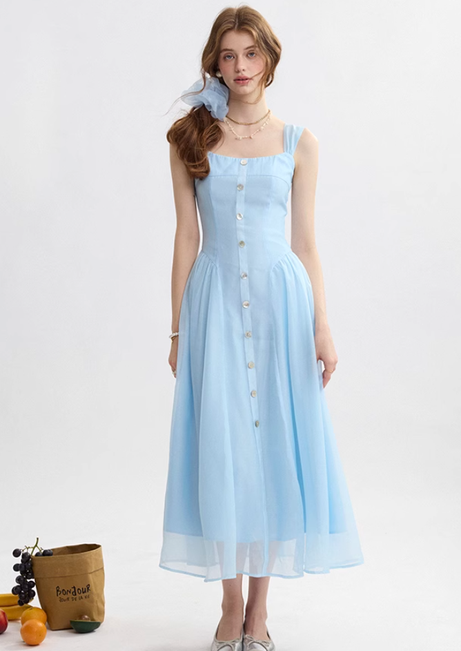 French suspender skirt blue dress sweet style sleeveless long skirt small skirt women summer R3493
