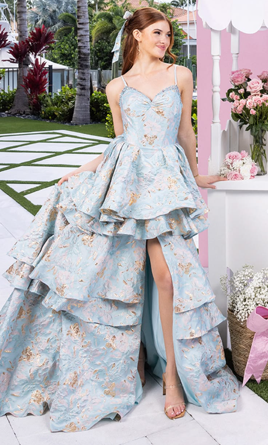 Elegant Mint Green Ruffleed A-Line Spaghetti Straps High-slit Maxi Prom Dress Celebrity Dress RS602
