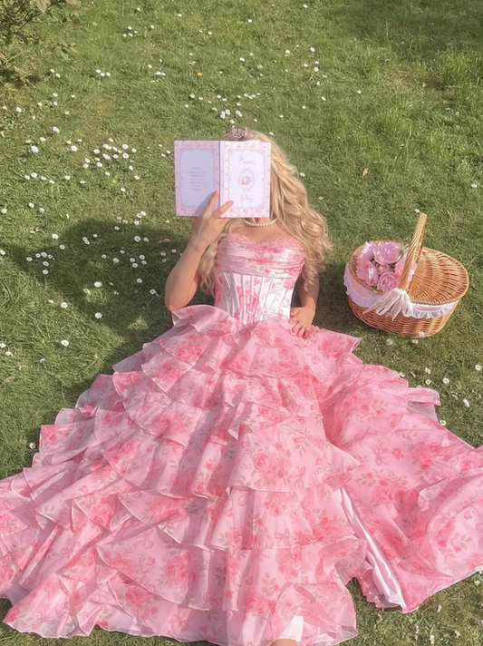Sweet Pink Ruffleed A-Line Strapless Corset Maxi Prom Dress Quinceanera Dress RS603