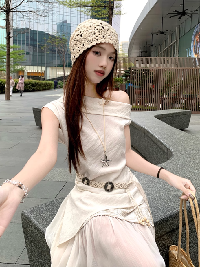 Fairy temperament high-end irregular off-shoulder sleeveless top skirt suit two-piece suit R1756