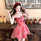 Red printed chiffon suspender dress women's summer French style waist skirt R4580
