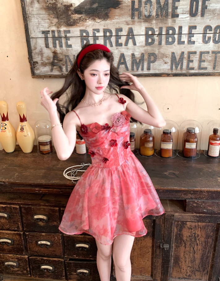 Red printed chiffon suspender dress women's summer French style waist skirt R4580