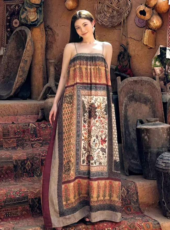 Travel wear retro ethnic style Bohemian suspender dress seaside beach dress R1623