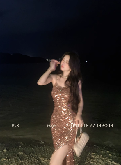 Sexy temperament high-end holiday slim slit slim hip wear suspender party long skirt R1561