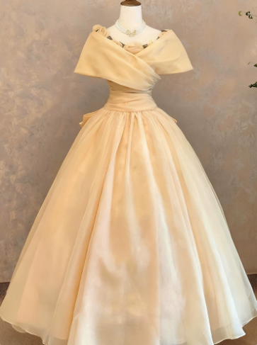 Elegant Pastel Yellow A-Line Flower-Portrait Corset Maxi Prom Dress Evening Dress RS608