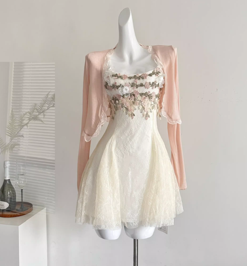 White three-dimensional embroidered flower waist dress pure style skirt R2006