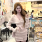 Pure desire style V-neck plush patchwork skirt 2025 hollow bow waist hip skirt R1377