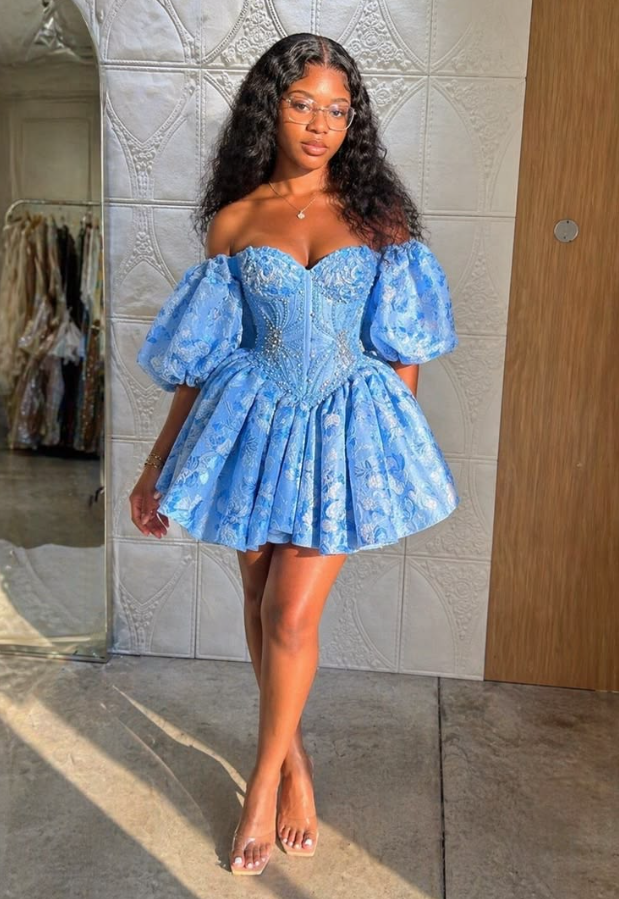 Beaded Silky Puffy Women's Homecoming Dress Blue Corset Short Prom Dress Party Dress RS2630