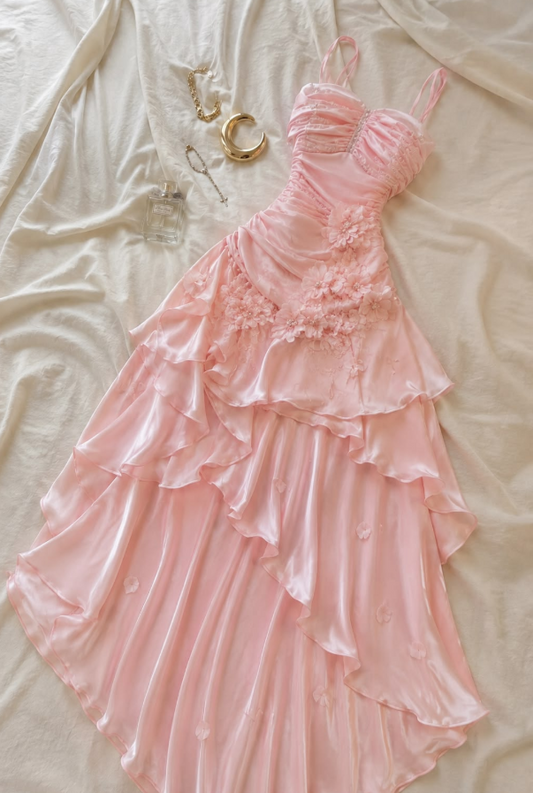 Chiffon Flowy Frilled Corset Prom Gown , Pink Women's Maxi Birthday Dress Party Dress RS2406